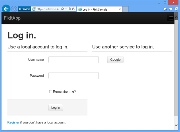 Log in page