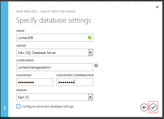 Database Settings step of New Web Site - Create with Database wizard