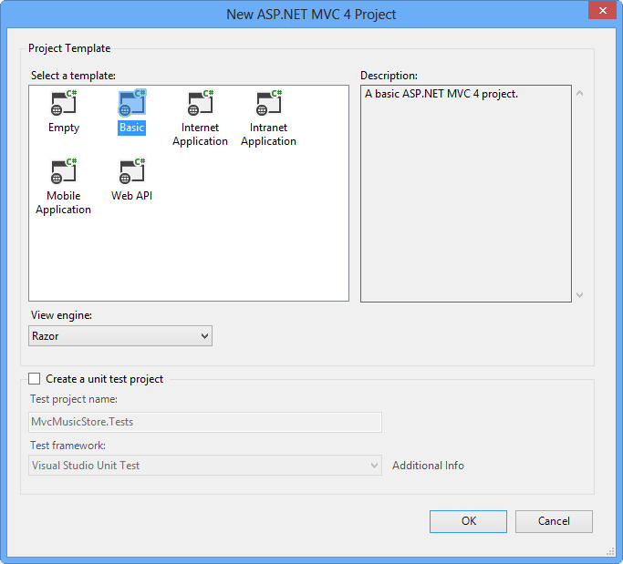 New ASP.NET MVC 4 Project Dialog Box