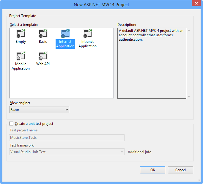 Creating a new ASP.NET MVC 4 Internet Application