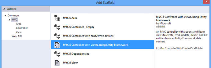 Add new MVC5 controller with views