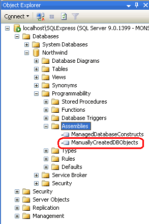 The ManuallyCreatedDBObjects.dll is Listed in the Object Explorer