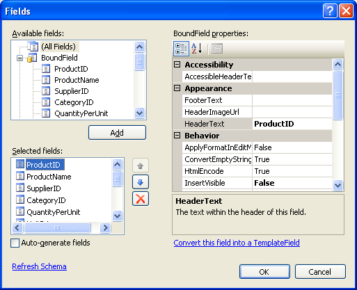 Manage the GridView’s BoundFields Through the Edit Columns Dialog Box