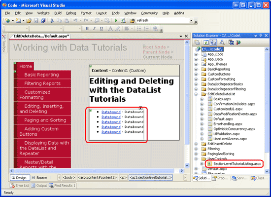 Add the SectionLevelTutorialListing.ascx User Control to Default.aspx