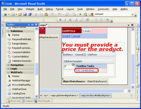 Click on the TextBox’s Edit DataBindings link
