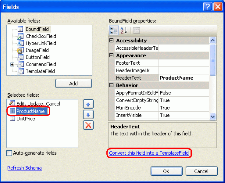 Convert Each of the DetailsView’s and GridView’s BoundFields Into TemplateFields