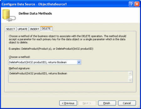 Map the ObjectDataSource’s Delete() Method to the ProductBLL Class’s DeleteProduct Method