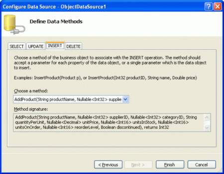 Map the ObjectDataSource’s Insert() Method to the ProductBLL Class’s AddProduct Method