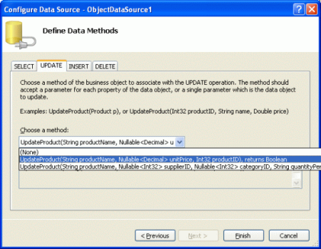 Map the ObjectDataSource’s Update() Method to the New UpdateProduct Overload