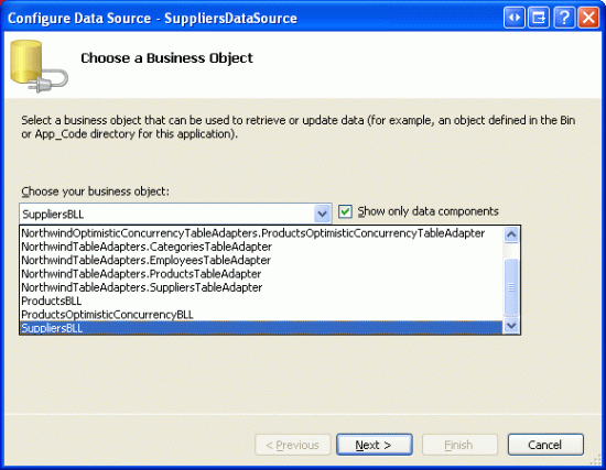 Configure the ObjectDataSource to Use the SuppliersBLL Class