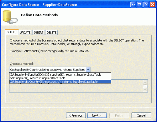 Configure the ObjectDataSource to Use the SuppliersBLL Class