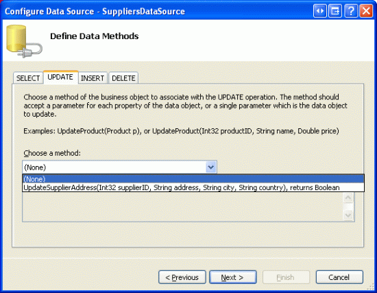 Configure the ObjectDataSource to Use the SuppliersBLL Class