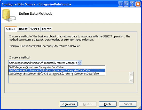 Configure the ObjectDataSource to Use the GetCategoriesAndNumberOfProducts Method