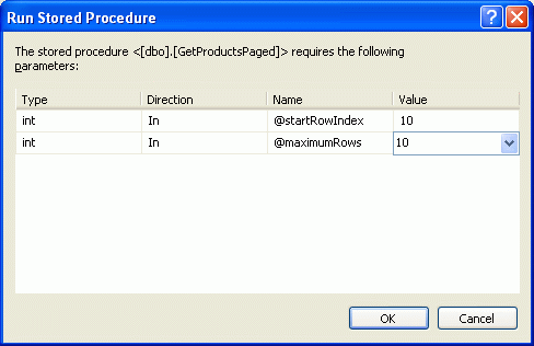 Enter a Value for the @startRowIndex and @maximumRows Parameters