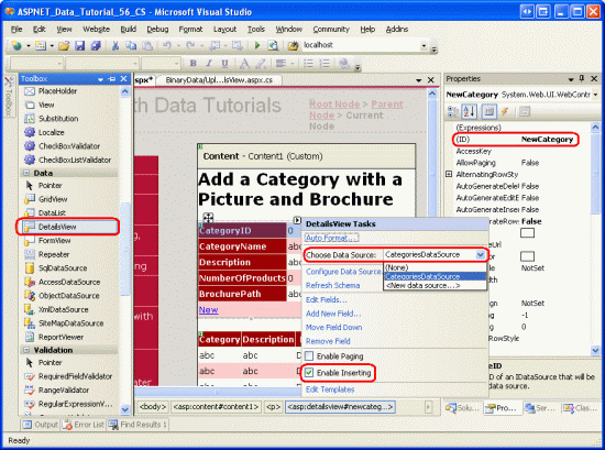 Bind the DetailsView to the CategoriesDataSource and Enable Inserting