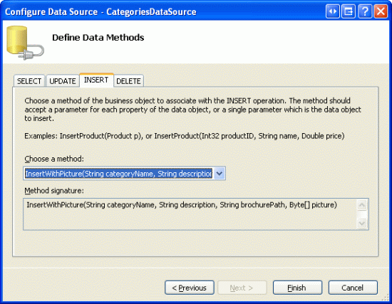 Configure the ObjectDataSource to use the InsertWithPicture Method
