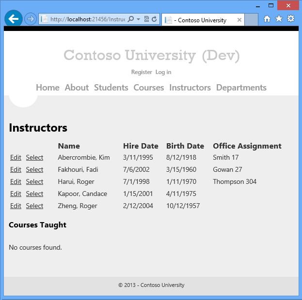 Instructors page with birthdate
