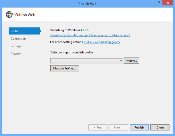 Publish Web wizard Profile tab