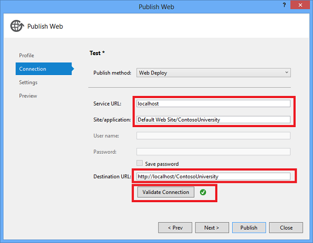 Publish Web wizard Connection tab