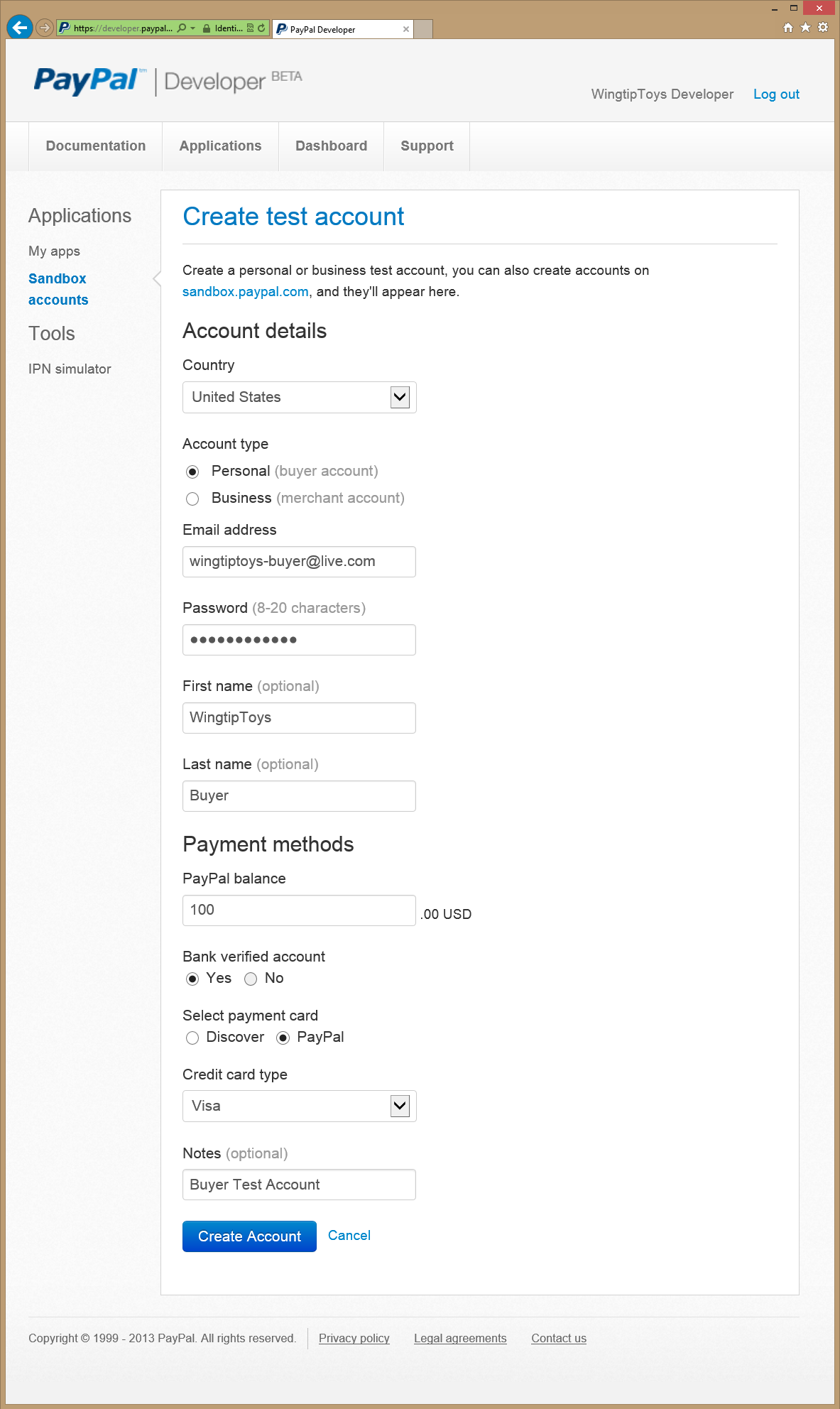 Checkout and Payment with PayPal Sandbox test accounts