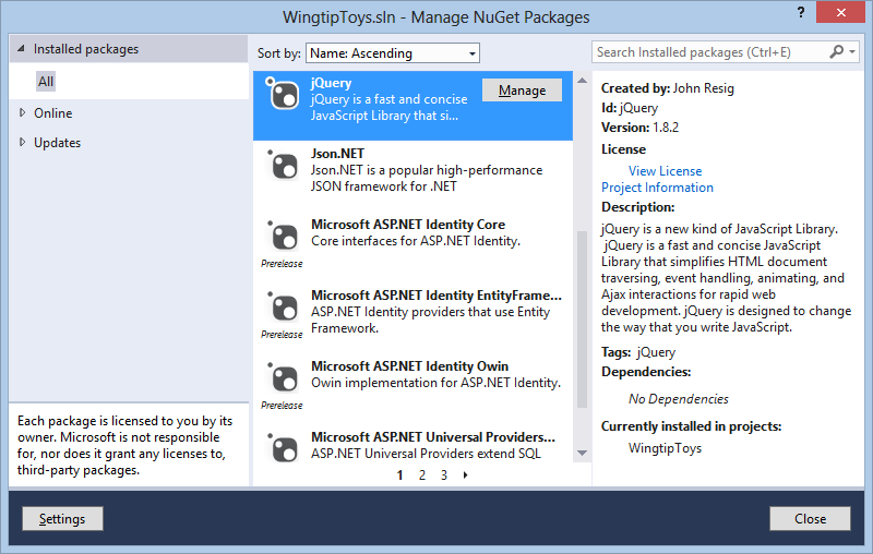 Create the Project - NuGet Dialog Box
