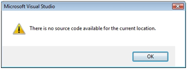 Error dialog shown when no source code is available for debugging.