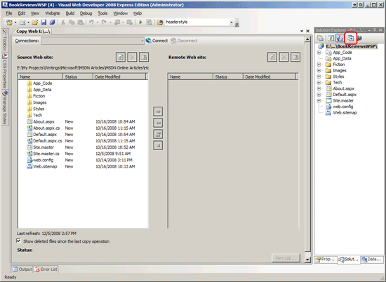 The Copy Web Site Tool’s User Interface is Divided Into Two Panes