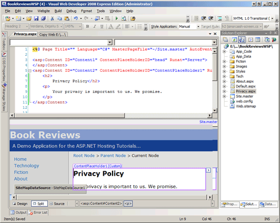 Add a New Page Named <code>Privacy.aspx</code> to the Website’s Root Folder