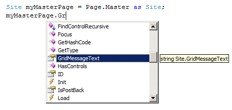 IntelliSense Shows our Master Page’s Public Properties and Methods