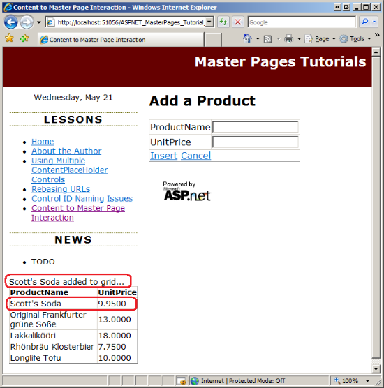 The Master Page’s Label and GridView Show the Just-Added Product