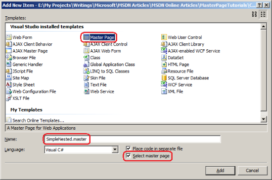 Check the “Select master page” Checkbox to Add a Nested Master Page