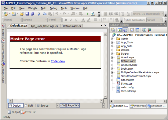 Visual Studio Uses the @Page Directive’s MasterPageFile Attribute to Render the Design View