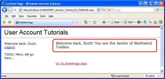 The Currently Logged On User’s Company and Title are Displayed