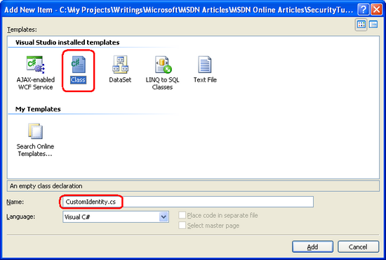 Add the CustomIdentity and CustomPrincipal Classes to Your Project