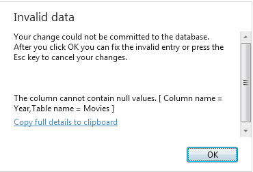 ‘Invalid data’ error displayed if a required column value is left blank