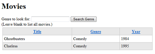 Movies page listing after searching for genre ‘Comedies’