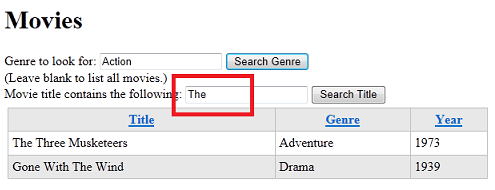 Movies page listing after searching for ‘The’ in the title