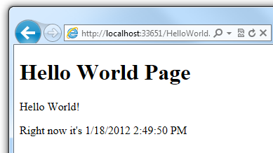 “Hello World” page running in the browser with a dynamically generated time display