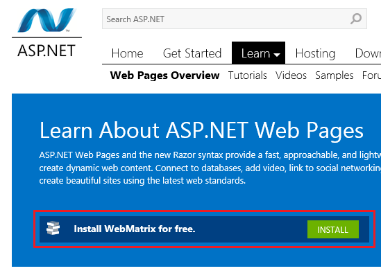 ASP.NET Web site showing “Install WebMatrix” button