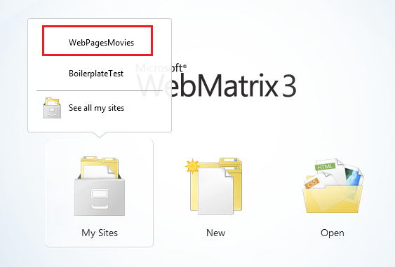 WebMatrix start screen showing the Open Site options and My Sites highlighted