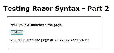 ‘Test Razor 2’ page running in browser with timestamp showing after submit
