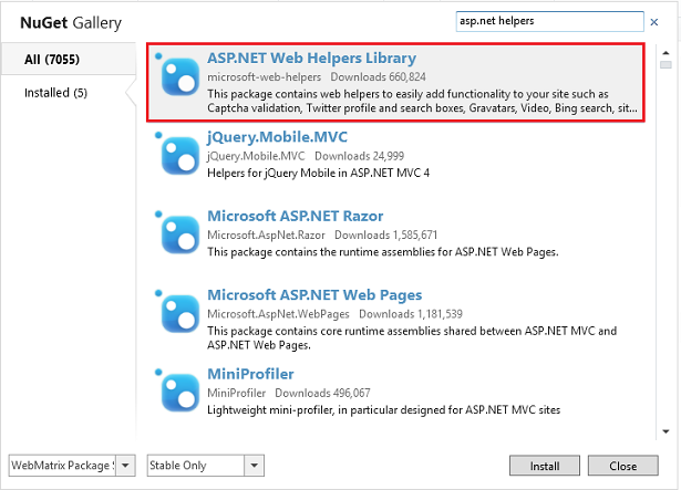 NuGet Gallery in WebMatrix showing packages