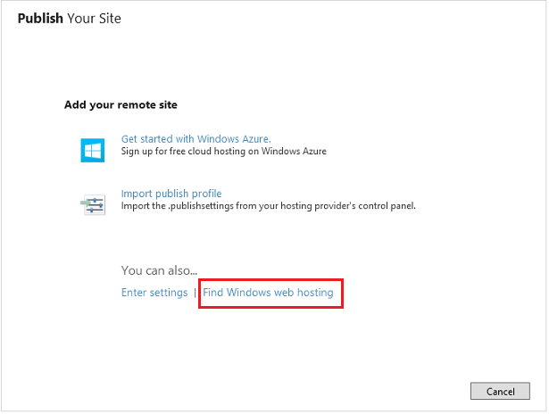 ‘Find web hosting’ button in Publish Settings dialog box