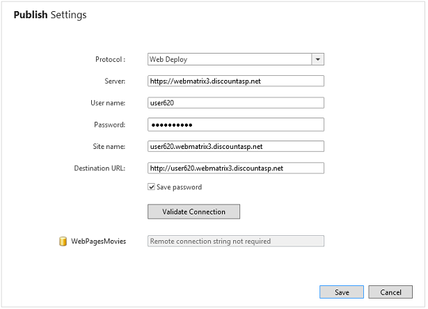 Publish settings filled in in the ‘Publish Settings’ dialog box
