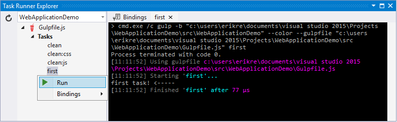 Task Runner Explorer run first task