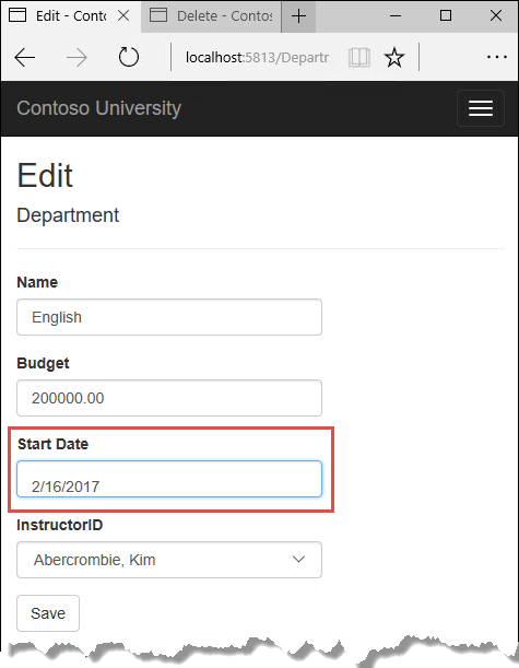 Department Edit page after change before delete