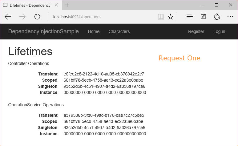 The Operations view of the Dependency Injection Sample web application running in Microsoft Edge showing Operation ID values (GUID’s) for Transient, Scoped, Singleton, and Instance Controller and Operation Service Operations on the first request.
