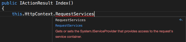 HttpContext Request Services Intellisense contextual dialog stating that Request Services gets or sets the IServiceProvider that provides access to the request’s service container.