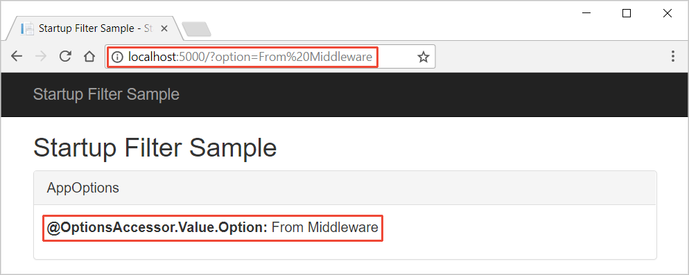 Browser window showing the rendered Index page. The value of Option is rendered as ‘From Middleware’ based on requesting the page with the query string parameter and value of option set to ‘From Middleware’.