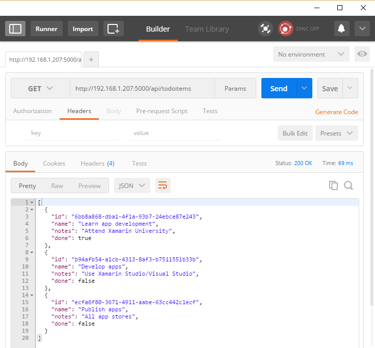 Postman console showing a GET request for todoitems and the body of the response showing the JSON for three items returned